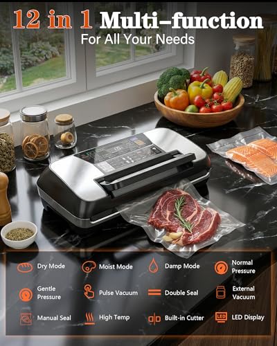 OidoZac Professional Vacuum Sealer (95 kPa) for Food - 12 in 1 Vacuum Sealer with Double Welding - Easy-Lock System - Integrated Paper Cutter and Removable Drip Tray