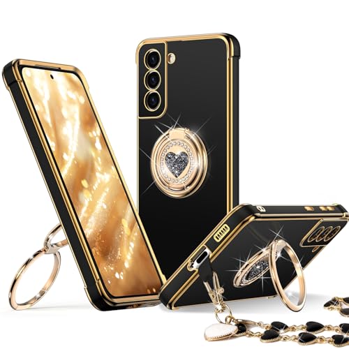 XYZ for Galaxy S21 Plus Case with Stand, Phone Case with Double Ring Kickstand, Women Girls Bling Luxury Protective Phone Cover Heart for Samsung S21 Plus, Black