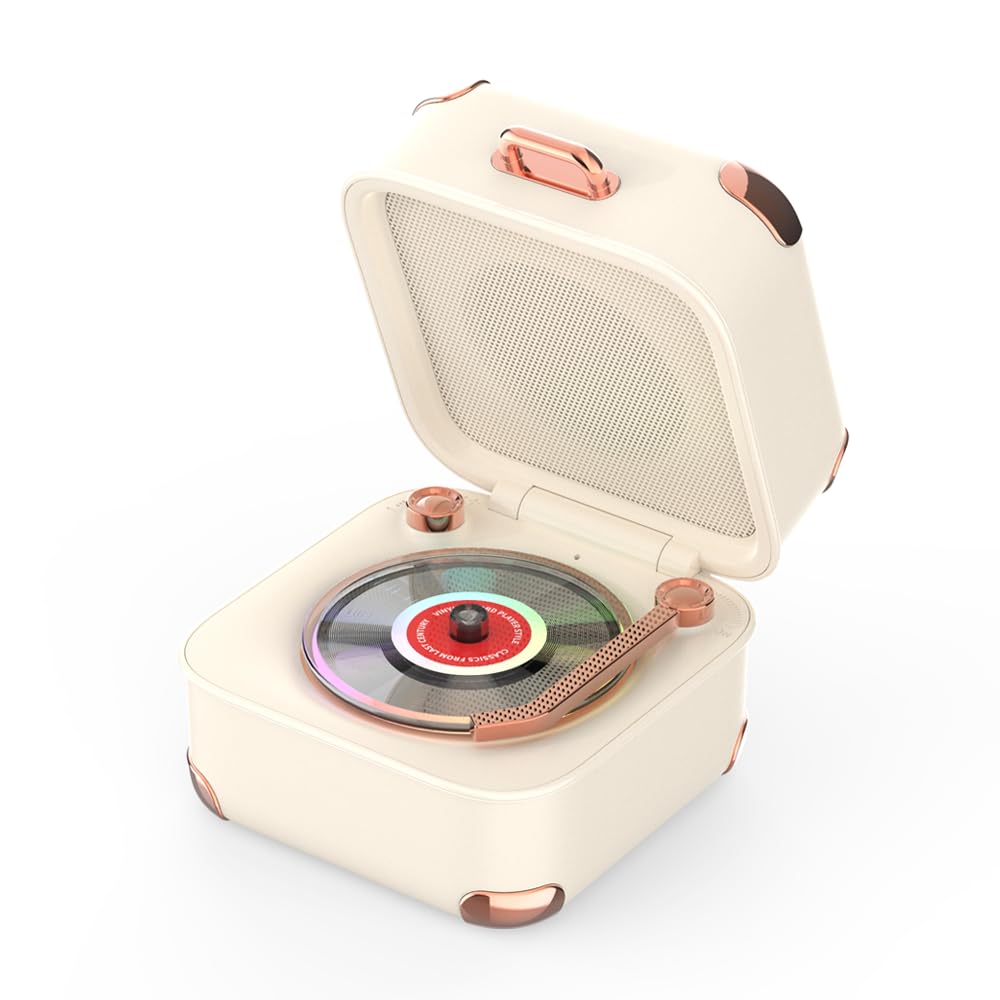 Photo 1 of AVWOO Vintage Vinyl Speaker with Colorful Lights, Music Player with 3 Modes, Bluetooth Speaker for Kids Room, Home Décor, Bedroom, Compatible with Computers & Phones (White)