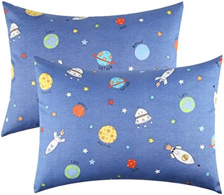 IBraFashion Toddler Pillowcases for Boys 100% Cotton 14x19 For 13x18, 12x16 Toddler Pillow Outer Space Rocketships Star Printings Blue Set of 2