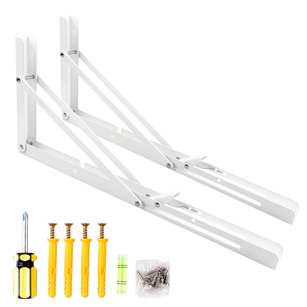 Oudtinx 2PCS Folding Shelf Brackets,Heavy Duty Triangle Shelf Bracket for Bench Table,Wall Mounted Standing Shelf Brackets for Saving Place,Multi Size 16" White