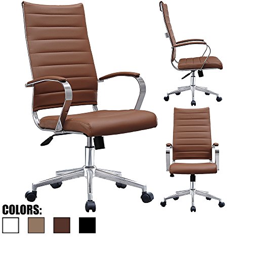 2xhome Brown - Mid Century Modern High Back Tall Ribbed PU Leather Swivel Tilt Adjustable Office Chair Desk Designer Boss Executive Management Manager Office Conference Room Work Task Computer Desk - Thumbnail 5