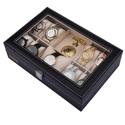 Zeiger Mens Women Jewelry Watch Storage Display Box Upgrade Large Holder Decorative Faux Leather Watch Case and Glass Top 10 Slot Organizer S001 Black