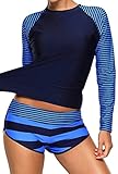 Aleumdr Womens Navy Stripes Long Sleeve Rashguard Tankini Swimsuit S - XXL