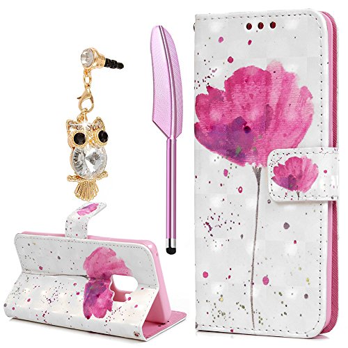 Galaxy S9 Case, Printed 3D Bling Crystal Lucky PU Leather Wallet Case with Wrist Strap Flip Kickstand ID&Credit Card Pockets Ultra-Strong Magnetic Closure Shockproof Skin for Samsung Galaxy S9, Lotus