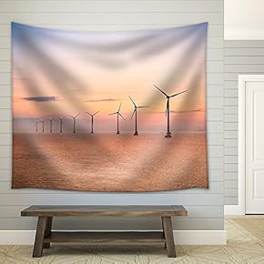 Offshore Wind Farm at Dusk in The East China Sea. - Fabric Wall Tapestry Home Decor - 51x60 inches