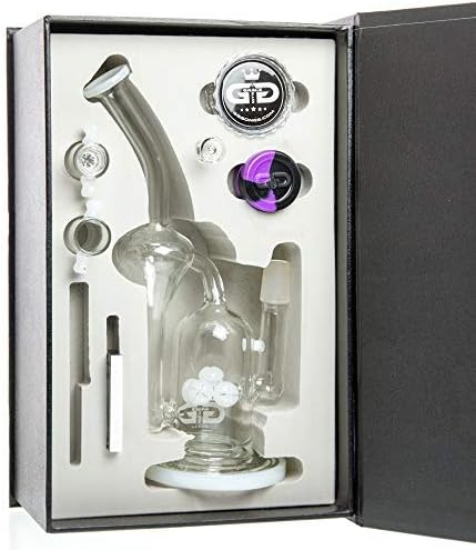 Grace Glass | OG Series | Watermill | Glass Percolator Recycler Bong in Display Case with Accessories | H:26cm-Ø:25mm-Socket:18.8mm - White Accents