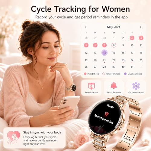 Reloj Inteligente Mujer 1,27" Smartwatch Redondo con Llamadas Bluetooth, Frecuencia Cardíaca SpO2 Sueño, 120+ Modos Deportivos, IP68 Resistente al Agua, 2 Correas, Compatible con Android iOS, Oro Rosa