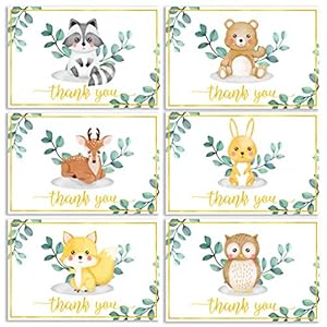 36 Pack Gold Foil Woodland Thank You Cards – Gender Neutral Baby Shower Thank You Cards, Animal Thank You Cards with…