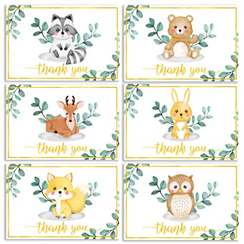 36 Pack Gold Foil Woodland Thank You Cards – Gender Neutral Baby Shower Thank You Cards, Animal Thank You Cards with…