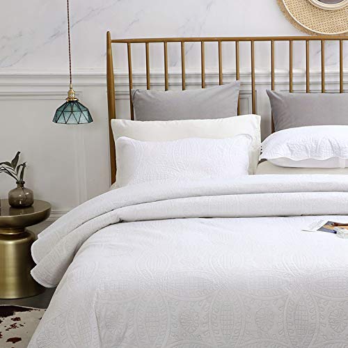 VEEYOO Bedspread Coverlet Set 3 Pieces - Soft Microfiber Lightweight Comforter Quilt Set for All Season, Full/Queen, White - Thumbnail 2