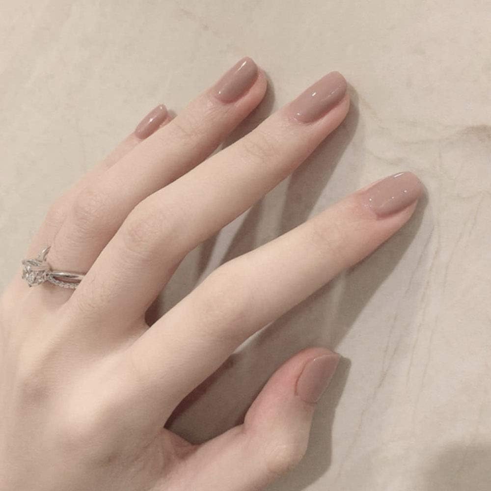 Poliphili 24Pcs Glossy Short Square Pure Color Wear False Nails Press On Full Coverage Acrylic Fake Nails Tips (Khaki)