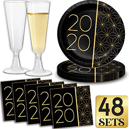 2020 Party Set - 48 Servings - Appetizer Plates (7 inch), Plastic Champagne Flutes (5 Ounce), Cocktail Napkins (5 inch, Great New Years Eve & Graduation Tableware and Decorations