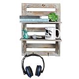 Besti Rustic Wall Shelves w/Hanging Hooks – Dual Shelving Wall-Mounted Organizer – 2 Tier Storage Rack Brown – Cute Rustic Organizers – Home Decorative Furniture