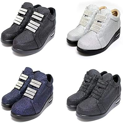 Amazon スニーカー レディース ハイカット 厚底 エアソール エアクッション コンフォートシューズ 幅広 3e 黒 シルバー ラインストーン レディーススニーカー ミセス 靴 ノーブランド品 スニーカー