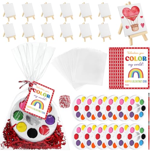 Wonderjune 74 Pcs Valentine's Gift Mini Painting Set - Watercolor Paints with Valentines Cards Easel, 8 Colors Watercolor Paints for Valentine Party Favor Exchange Gifts Art Supplies by Wonderjune - Used condition - US$9.45