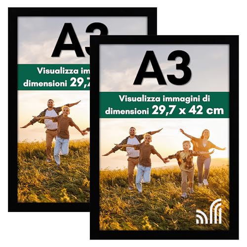 Americanflat Cornice A3 Nera - Cornici da Parete in Legno MDF e Vetro Temperato Infrangibile - Da Appendere in Verticale o Orizzontale - Confezione da 2