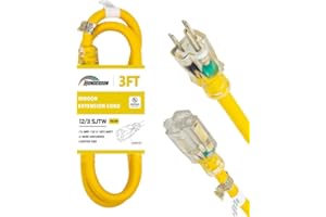 HONDERSON Indoor Extension Cord Weatherproof with Lighted End, UL Listed, 12 Gauge 3FT Yellow 3 Prong Heavy Duty Extension Cord, 12/3 SJTW 15A Power Extension Cord for Lights, Lawn