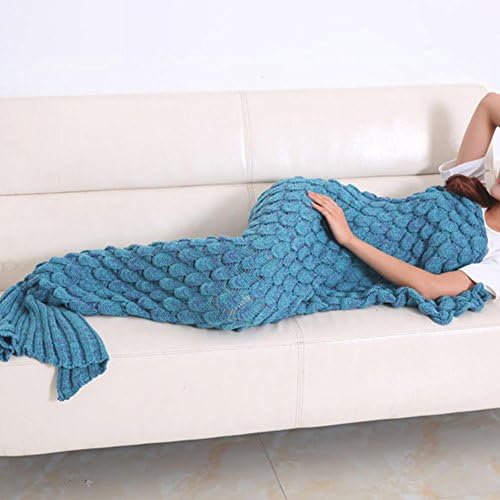 Knitted Mermaid Tail Blanket Handmade Crochet Soft Sleeping Bag All Seasons Quilt Snuggle Cozy for Adults Teens 74.8”x35.4” by Annerhome (Lake Blue)
