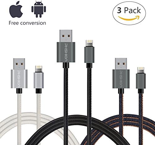 Phshion 3 Packs Reversible Micro USB Cable and Apple Lightning Cable 2 in 1 Joined Cord Both for IOS and Android System(3.3feet 1meter) with Free Storage Bag- PU Black+PU White+Denim