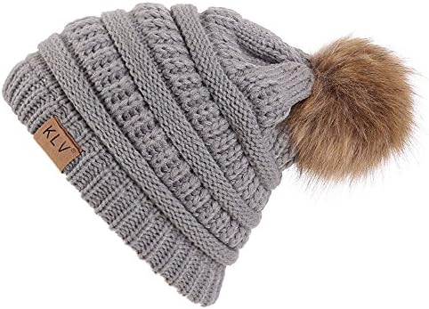 Winter Adult Unisex Knitted Winter Warm Large Faux Fur Beanie Bobble Pom Pom Hat Ski Snowboard Hats (L, Light Grey)