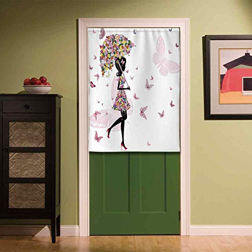 YOLIYANA Girls Non Fading Door Curtain,Girl with Floral Umbrella and Dress Walking with Butterfl ...