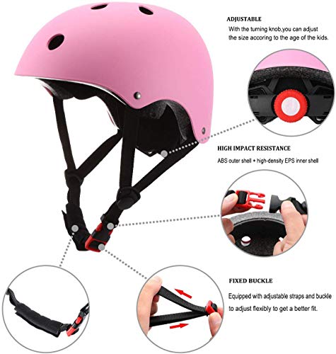 Adjustable Kids Skateboard Helmet,Bike Helmet Knee Elbow Pads Wrist Pads 7 in 1 Protective Sports Gear Set Suitable for Ages 3-8 Years Roller Skating Scooter Cycling Toddler Boys Girls (Pink)