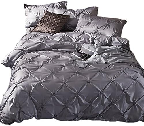 KTLRR Imitated Silk 100% Cotton Queen Size Luxurious Pinch Pleat Decorative Pintuck Bedding Set, Solid Color Bed Linens Duvet Cover set (Queen, gray)