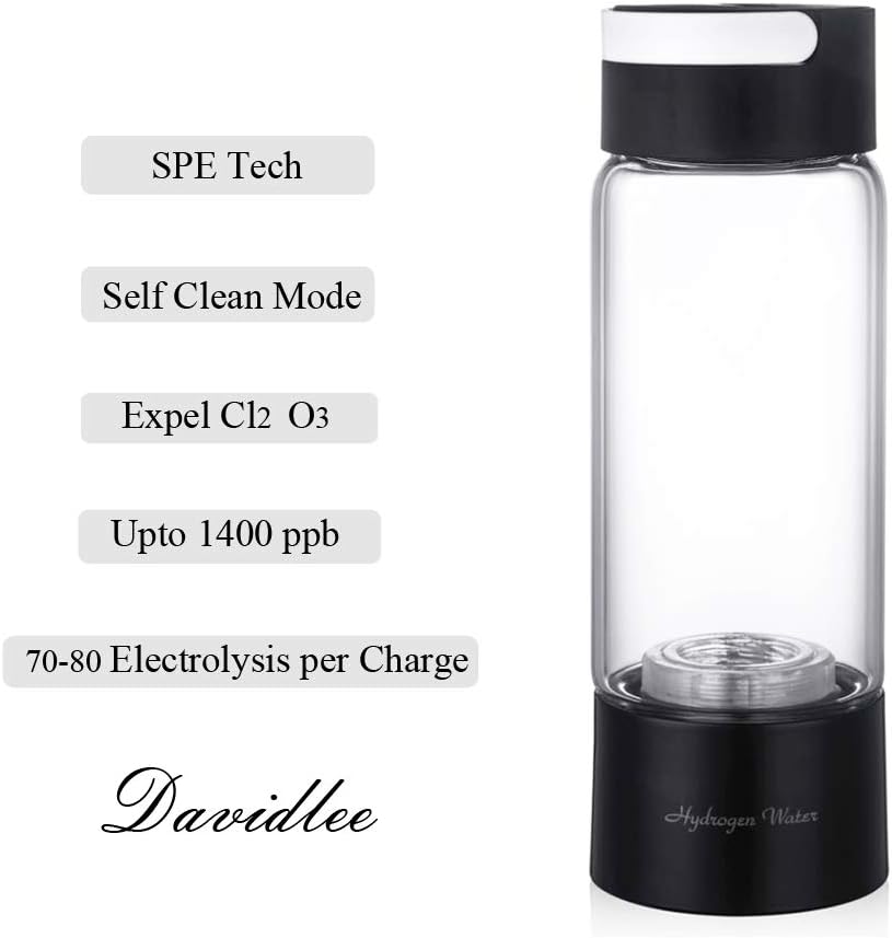 Davidlee Portable Hydrogen-Rich Generator Water Bottle SPE Technology Ionizer Mode 3 mins Self- cleaning Function High Concentration Discharge Ozone and Chlorine - 380ml F6