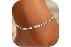 U7 SILVERCUTE Sterling Silver Anklets for Women, Large Heart/Round Birthstone Ankle Bracelet with Figaro Chain, Waterproof Summer Beach Foot Jewelry Length 8.5"-10.5"