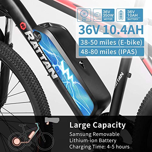 Rattan 26 Inch Mountain Electric Bicycle 36V/10.4AH Removable Lithium-ion Battery Electric Bike for Adult Smart IPAS Assisted System 350W E-Bike 7 Speed Shifter