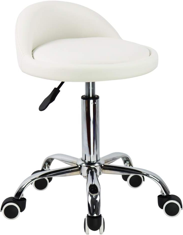 KKTONER PU Leather Round Rolling Stool with Back Rest Height Adjustable Swivel Drafting Work SPA Medical Task Chair with Wheels (White)