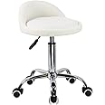 KKTONER PU Leather Round Rolling Stool with Back Rest Height Adjustable Swivel Drafting Work SPA Task Chair with Wheels (White)