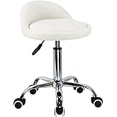 KKTONER PU Leather Round Rolling Stool with Back Rest Height Adjustable Swivel Drafting Work SPA Task Chair with Wheels (White)