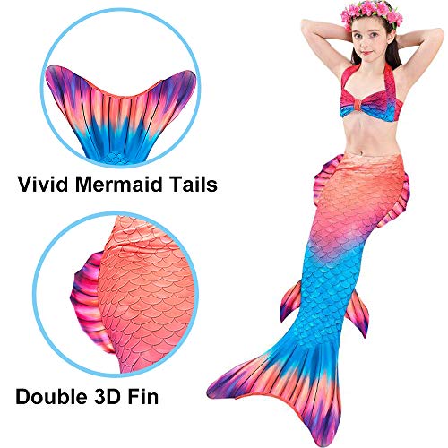 3 PCS Girls Mermaid Tail Swimsuit for Swimming Bikini Princess Can Add Monofin (C-Temperament Red, 9-10T / (Tag 140) / Ht51-54in)