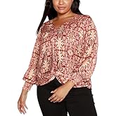 Belldini Women's Black Label Plus Size Ikat Printed Long Sleeve Top