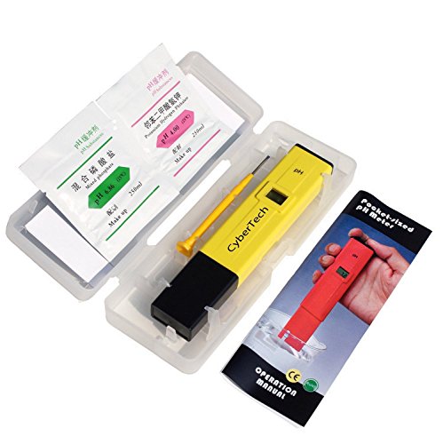 CyberTech PHTester PH-107 Digital pH Meter Tester, With 2 Pack of Calibration Solution Mixture Included.
