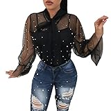 Womens Sexy Lace Long Sleeve See Through Bow Shirts Sheer Chiffon Blouse Tops
