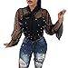 Womens Sexy Lace Long Sleeve See Through Bow Shirts Sheer Chiffon Blouse Tops