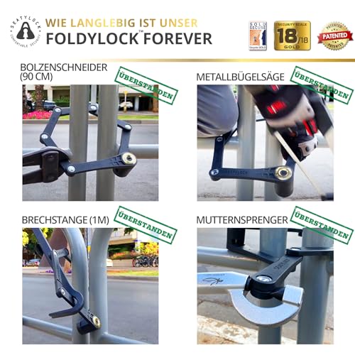 FoldyLock Forever Bicycle Lock with Key - Patented Folding Lock with Bracket - Test Winner Sold Secure Gold Bicycle Accessories - High Security for City Bikes and eBike - 90 cm