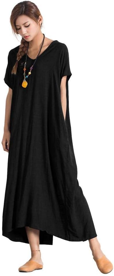 Sellse Women's Linen Loose Summer Large Size Long Dress Plus Size Cotton Clothing