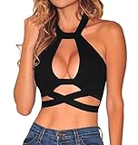 Shawhuwa Womens Sexy Crisscross Cut Out Halter Crop Top Clubwear
