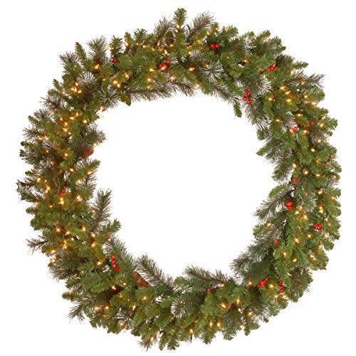 National Tree Company Pre-Lit Artificial Christmas Wreath, Green, Crestwood Spruce, White Lights, Decorated with Pine Cones, Berry Clusters, Christmas Collection, 48 Inches