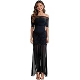 ZGMYC Women's Sexy Sheer Mesh Off Shoulder Maxi Dress Elegant Ruched Flowy Bodycon Long Dress Party Vacation Dresses