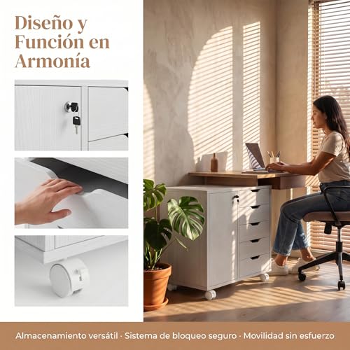Simple Wisdom Archivero Organizador con 5 Cajones,Archivero con Llave de Oficina con Estantes Ajustables y Ruedas,Soporte para Impresora para Oficina en Casa(Blanco)