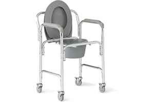 Medline Elongated Aluminum Commode with Wheels, Bedside Commode, Can Be Used as Raised Toilet Seat, Gray