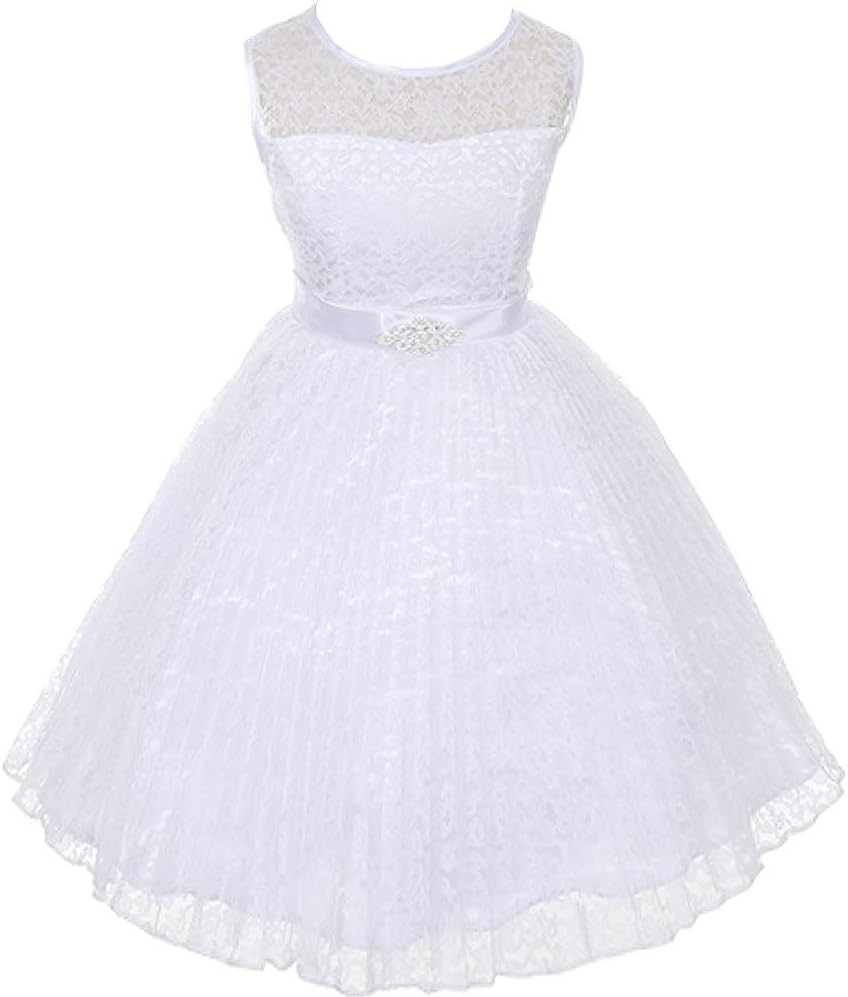 CrunchyCucumber Floral Lace Illusion Pleated Rhinestone Flowers Girls Dresses