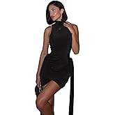 Suillty Women's Sexy Turtleneck Sleeveless Mini Dress Bodycon Ribbon Ruched Bandage Tank Dress for Party Club