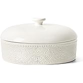 FE Ceramic Tortilla Warmer,Lace Emboss 8.8 Inch Tortilla Holder with Lid for Taco Tuesday, Mexican Night and Party,Taco Bread Pancake,Tortilleros Para Las Tortillas Caliente (Bright White)