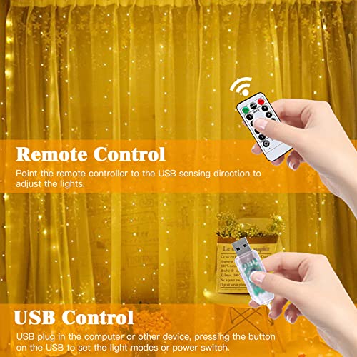 LED Lichtervorhang, 3mx2.4m 240 LEDS Vorhang Lichter USB betrieben 8 Modi mit Feenfenster Lichter mit Fernbedienung & Timer Warm weißes Licht für Indoor Outdoor Weihnachten Dekoration.